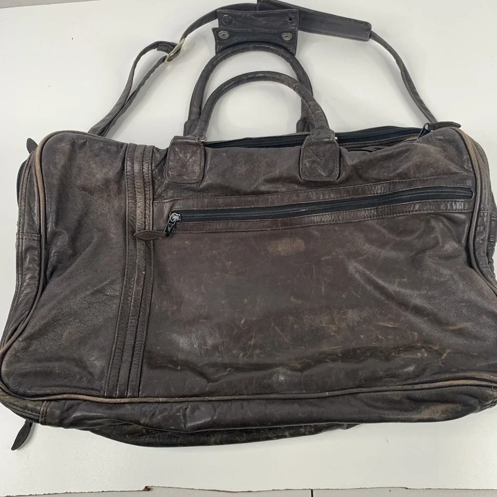 VTG Scully Western Duffle Bag Leather Zipper Walnut w Strap‎ And Leather Handle
